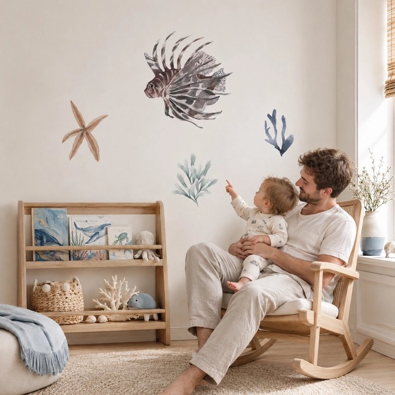 Stickers muraux enfant poisson-lion et étoile de mer aquarelle
