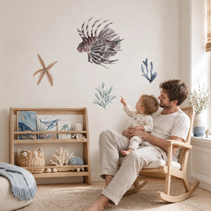 Stickers muraux enfant poisson-lion et étoile de mer aquarelle