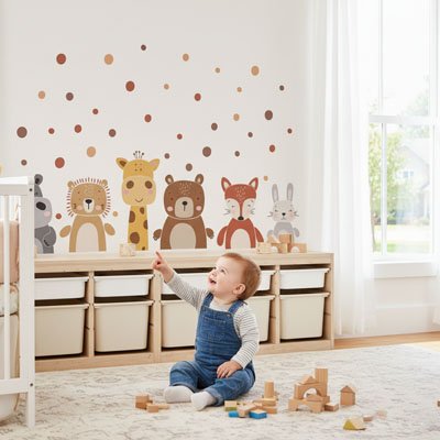 Stickers muraux enfant six animaux au-dessus d’un meuble