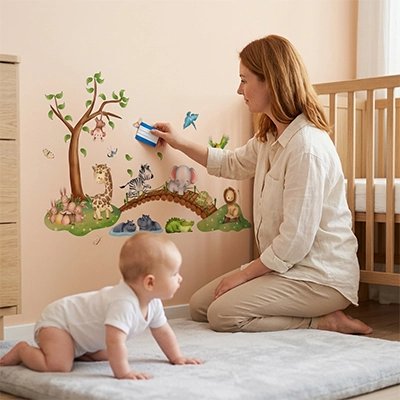 Stickers muraux jungle sur un mur rose pêche