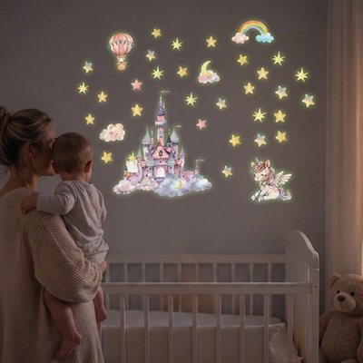 Stickers muraux licorne et étoiles qui brillent la nuit