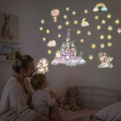 Stickers muraux phosphorescents château et licornes la nuit