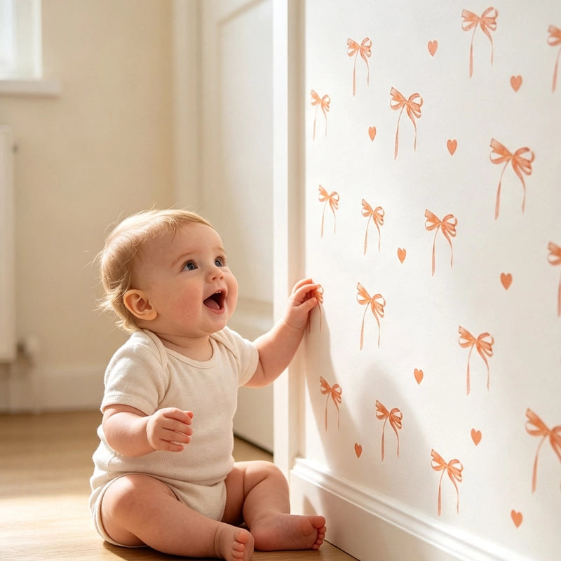 Stickers chambre bébé nœuds et cœurs pêche sur mur blanc