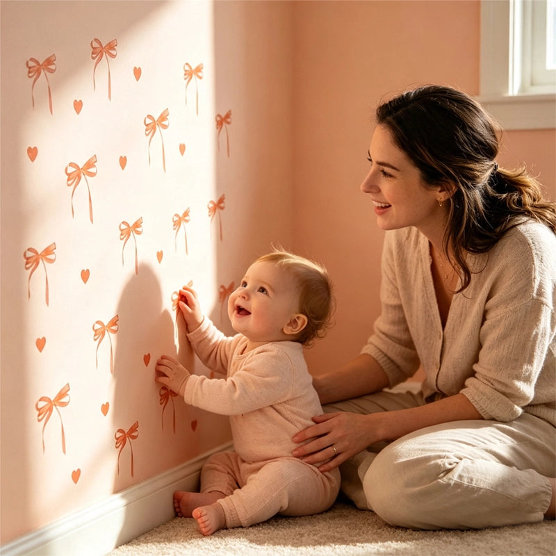 Stickers nœuds et cœurs pêche sur mur rosé