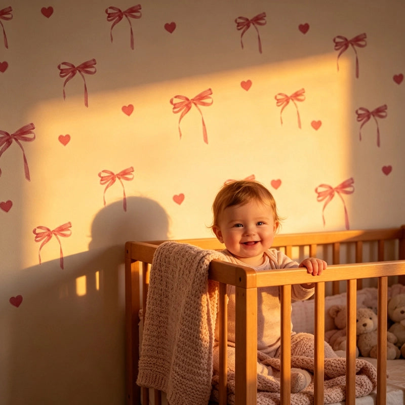 Stickers nœuds et cœurs roses au-dessus d’un lit en bois