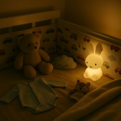 Tour de lit bébé de nuit avec doudous et veilleuse