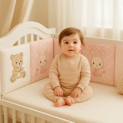 bébé sourit dans tour de lit rose