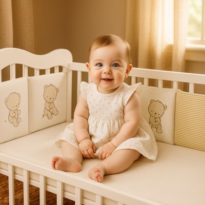 bébé assis avec tour de lit beige