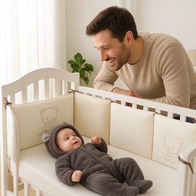papa regarde bébé dans tour de lit
