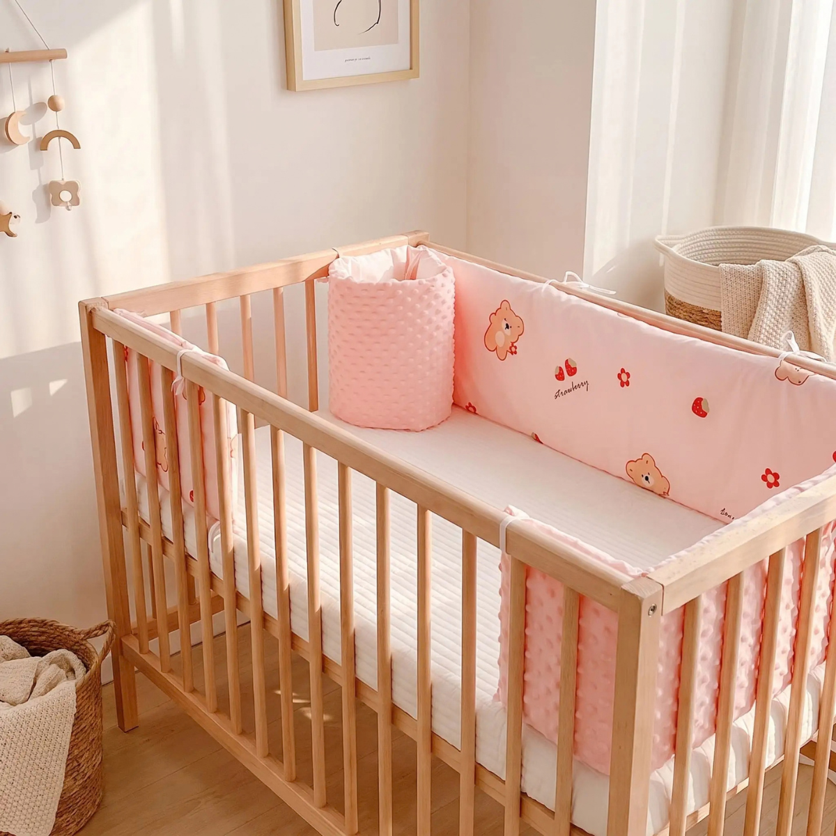Tour de lit bébé rose dans une chambre bébé à l’ambiance cocooning