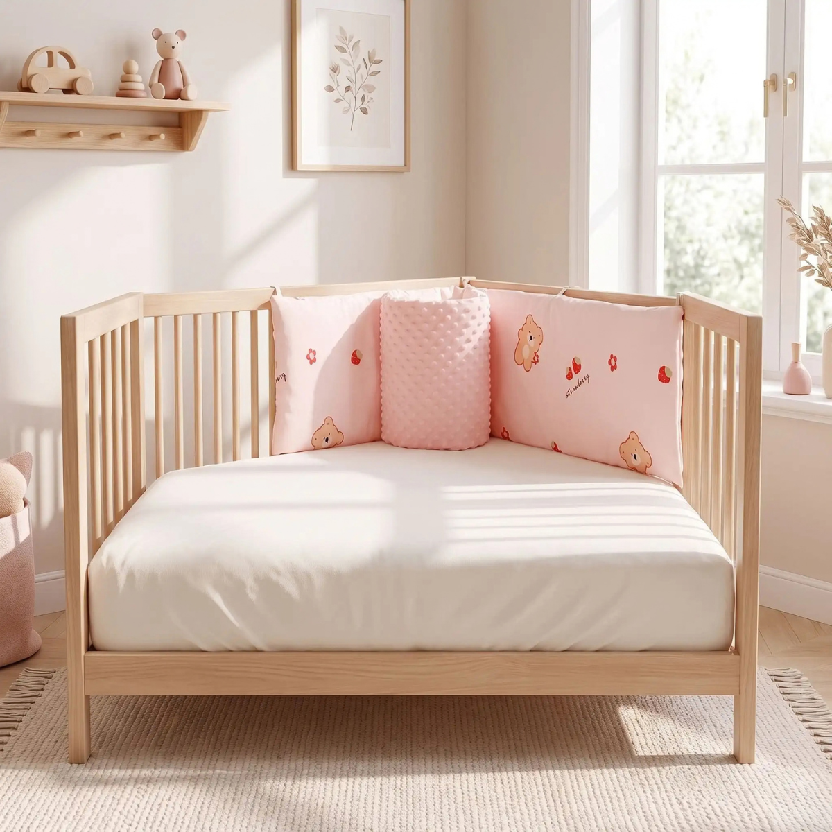 Tour de lit bébé rose dans une chambre douce et lumineuse