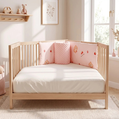 Tour de lit bébé rose dans une chambre douce et lumineuse