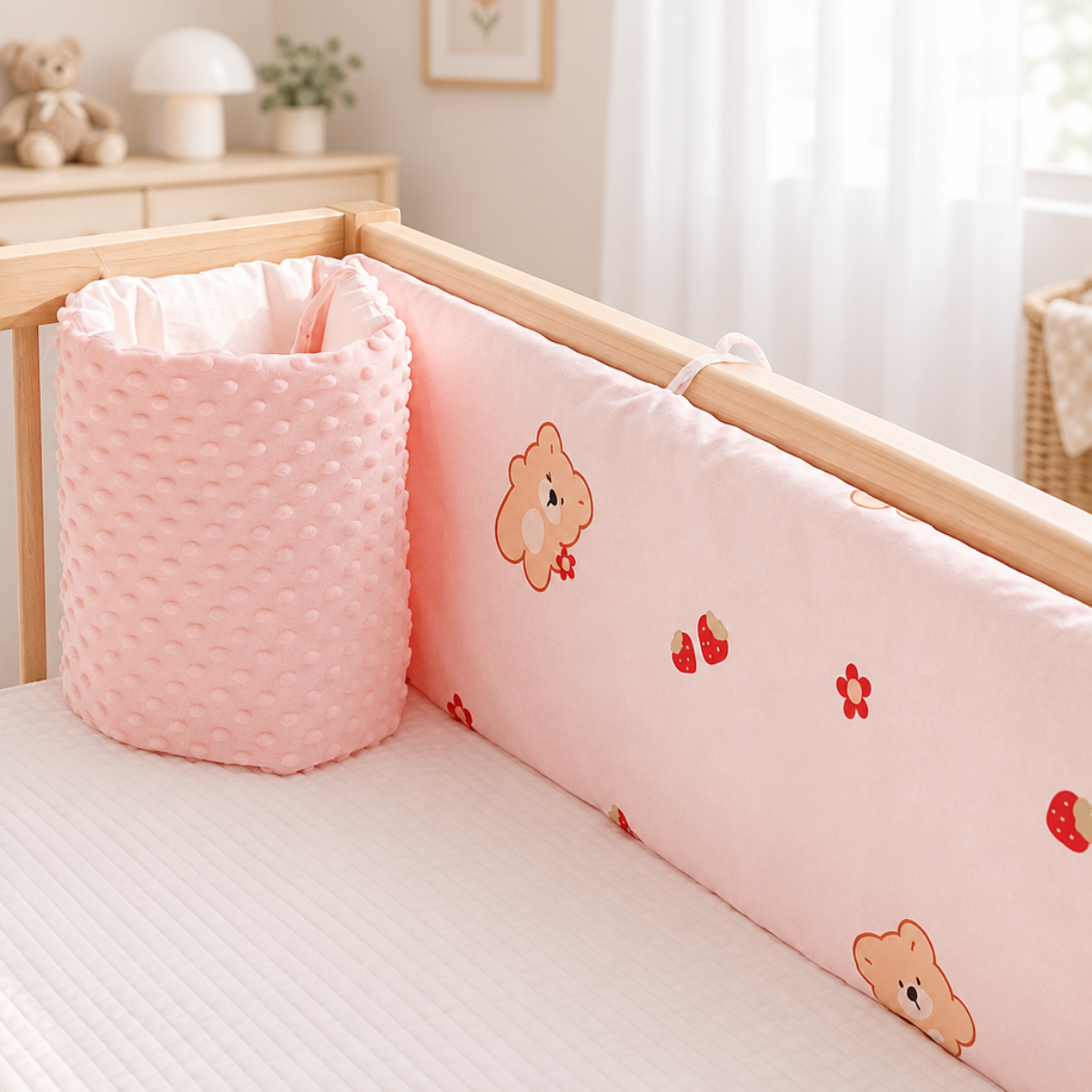 Détail du tour de lit bébé rose avec tissu texturé et motifs décoratifs