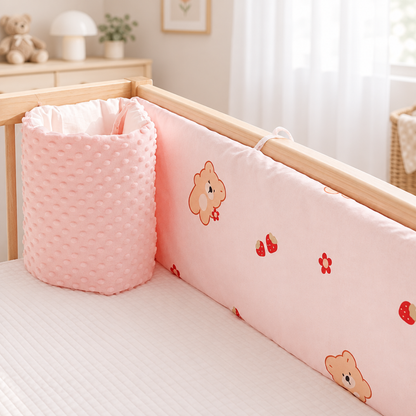 Détail du tour de lit bébé rose avec tissu texturé et motifs décoratifs