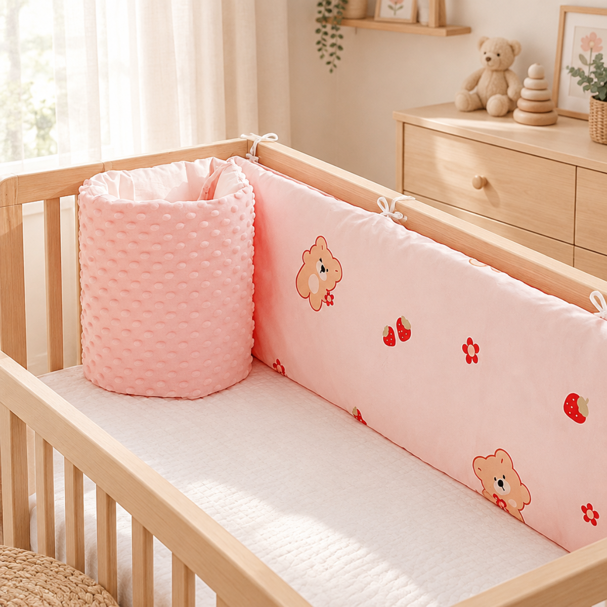 Tour de lit bébé rose avec motifs ourson et fraises dans un lit en bois clair