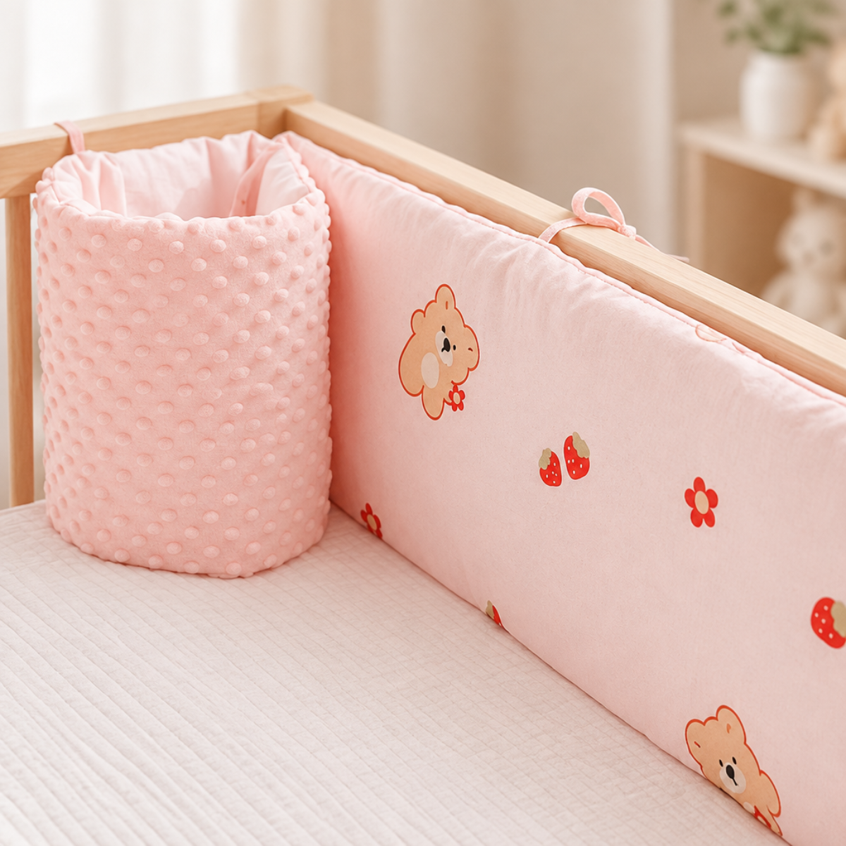 Vue latérale d’un tour de lit bébé rose fixé aux barreaux du lit
