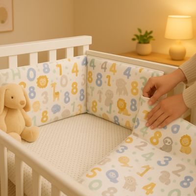 Tour de lit coloré animaux et chiffres installé