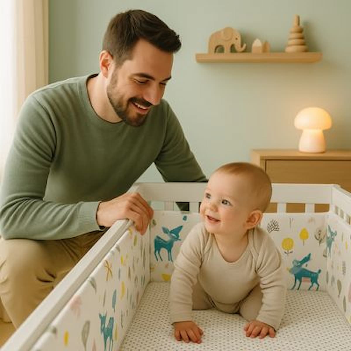 Papa joue avec bébé dans lit avec tour de lit faon