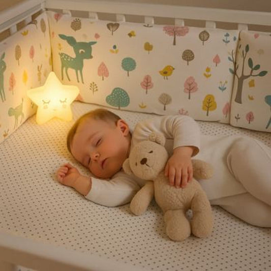 Bébé dort avec tour de lit faon et veilleuse