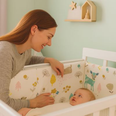 Maman regarde tendrement bébé dans son lit avec tour de lit faon