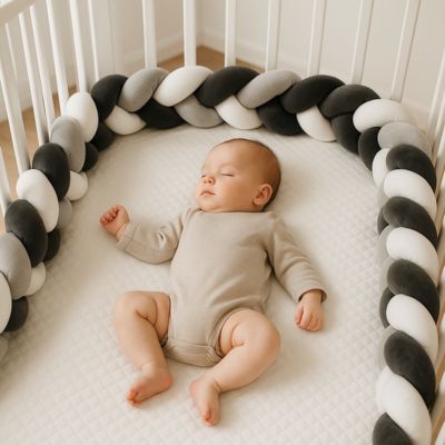 Tour de lit tressé avec bébé qui dort