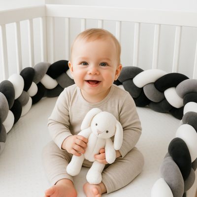 Tour de lit tressé avec bébé éveillé assis