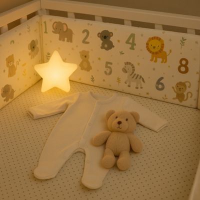 Tour de lit chiffres avec pyjama et doudou dans lit bébé, ambiance nuit douce