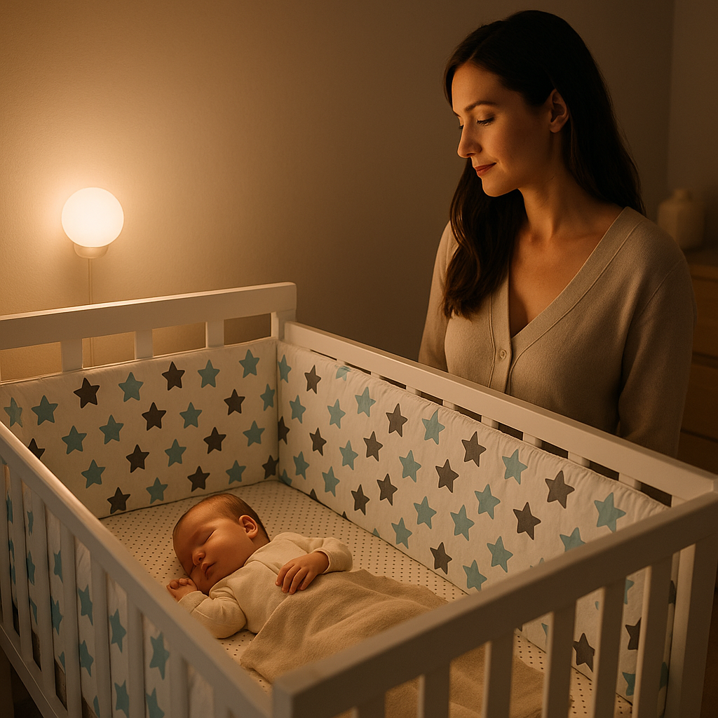 Bébé dans le lit avec tour de lit étoiles bleues