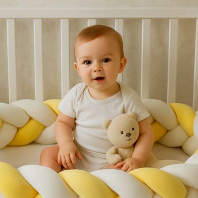 tresse de lit bébé jaune avec bébé