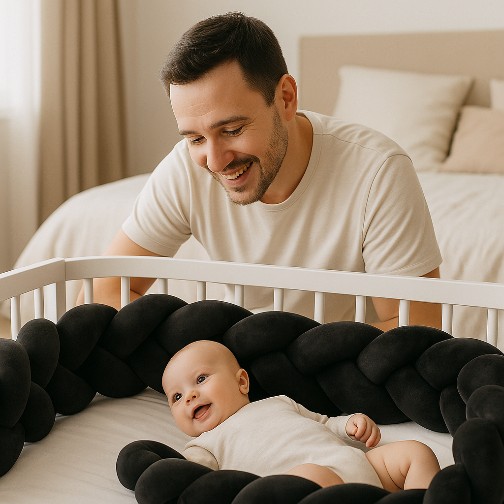 papa joue avec bebe tresse de lit bebe