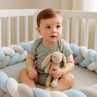 Bébé assis dans lit avec tresse et doudou