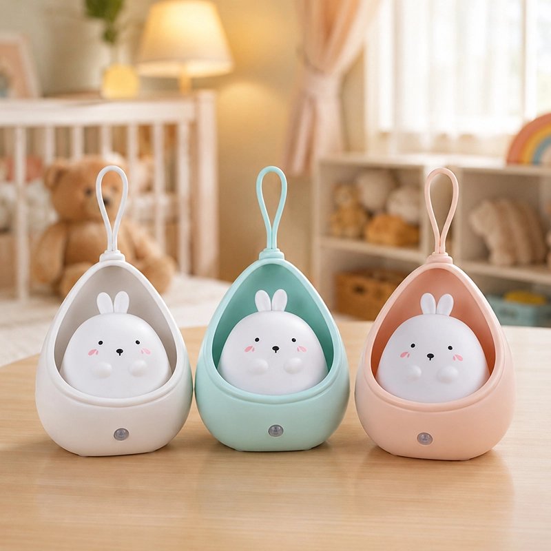 Veilleuse bébé lapin rose, turquoise et blanche