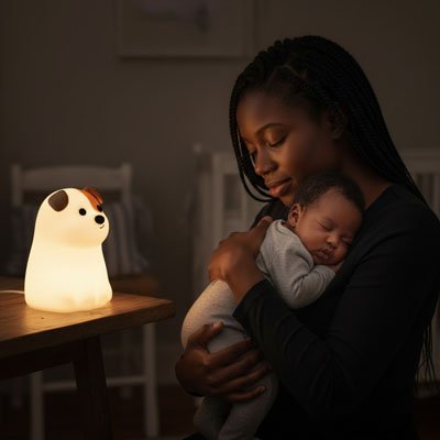 Veilleuse bébé lumineuse posée près du bébé