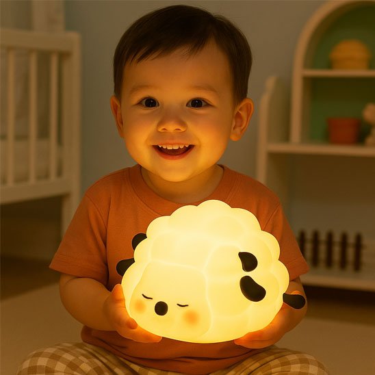 Veilleuse bébé mouton lumineuse dans une chambre d’enfant à l’ambiance apaisante