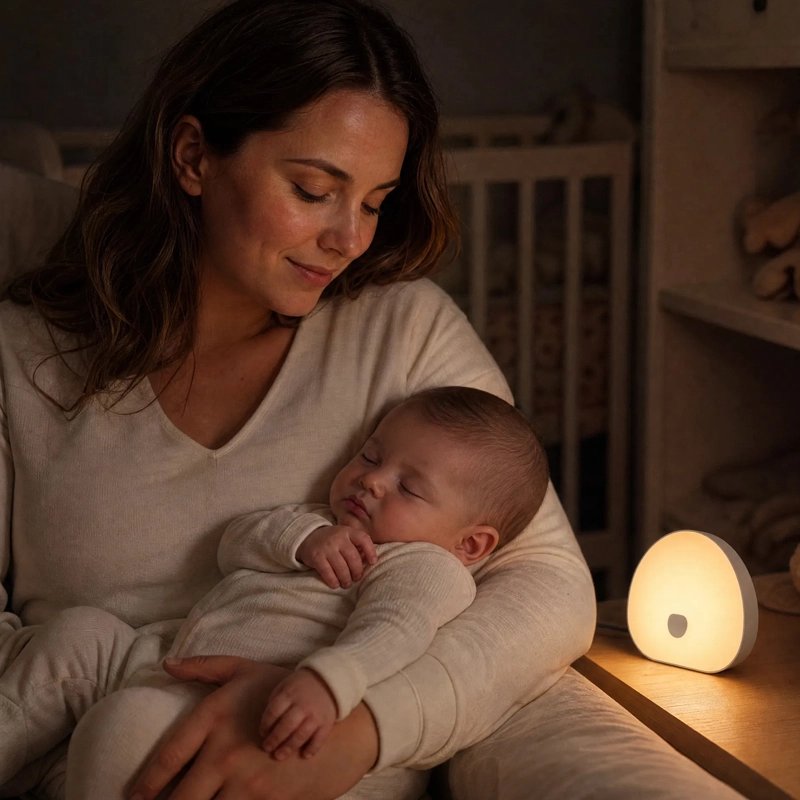 Veilleuse bruit blanc lumière chaude, maman et bébé endormi