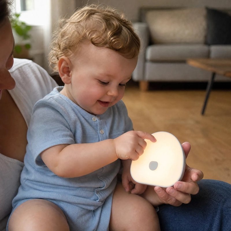 Veilleuse bruit blanc tactile, bébé curieux en journée