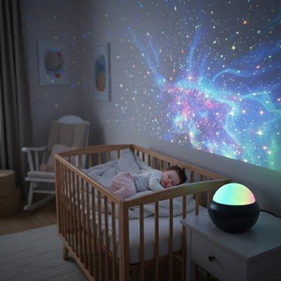 Veilleuse projection galaxie avec bébé endormi